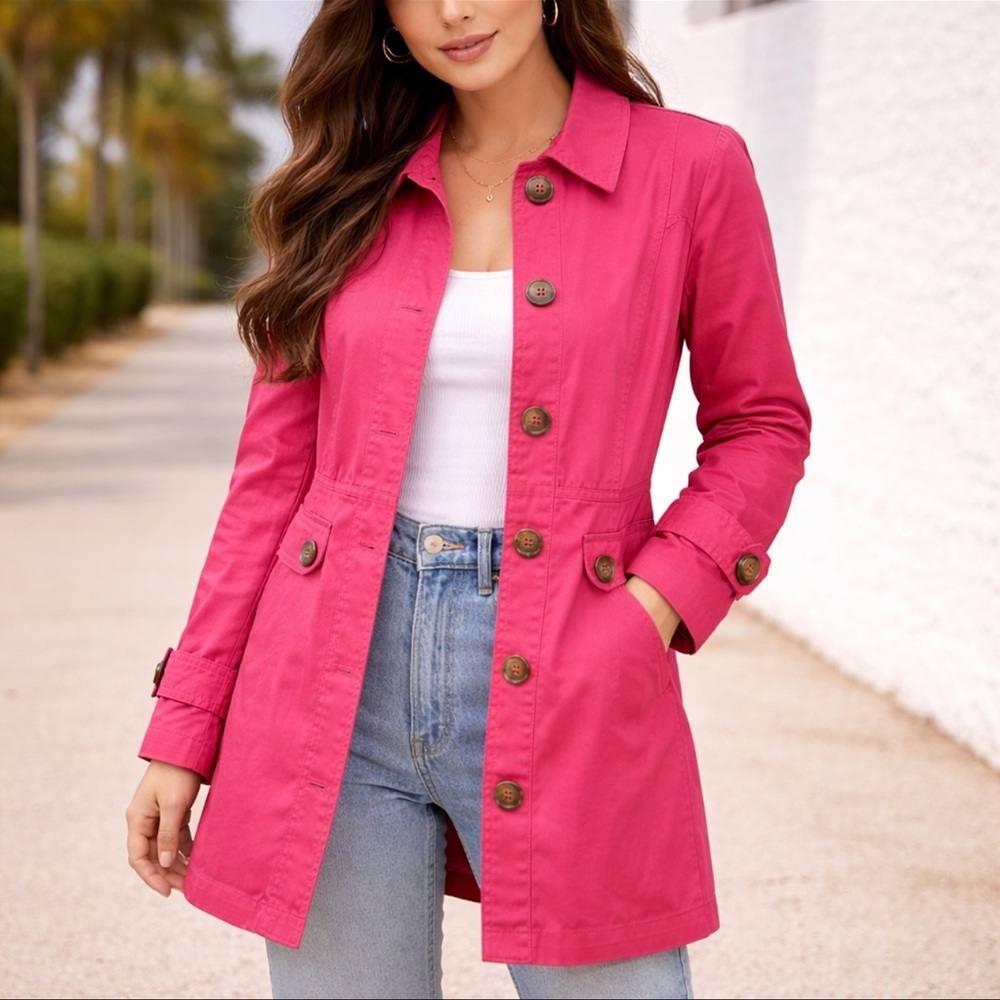GAP Pink w/‎ Floral Lining Barbie “60’s”Button Down Trench Jacket Coat Size S